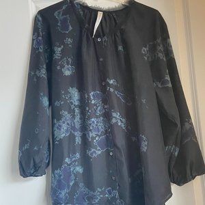 Raquel Allegra Navy Hand-Painted Watercolor Silk Long Sleeve Blouse Size 3 /L